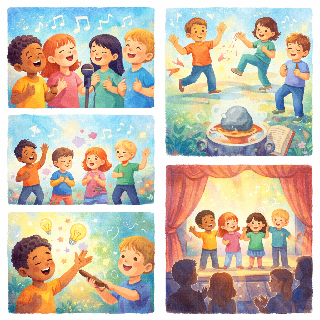 Illustrations aquarelle d’enfants chantant, faisant des percussions corporelles et préparant un spectacle pour le stage conte musical “La soupe au caillou” (6–12 ans) au CAB