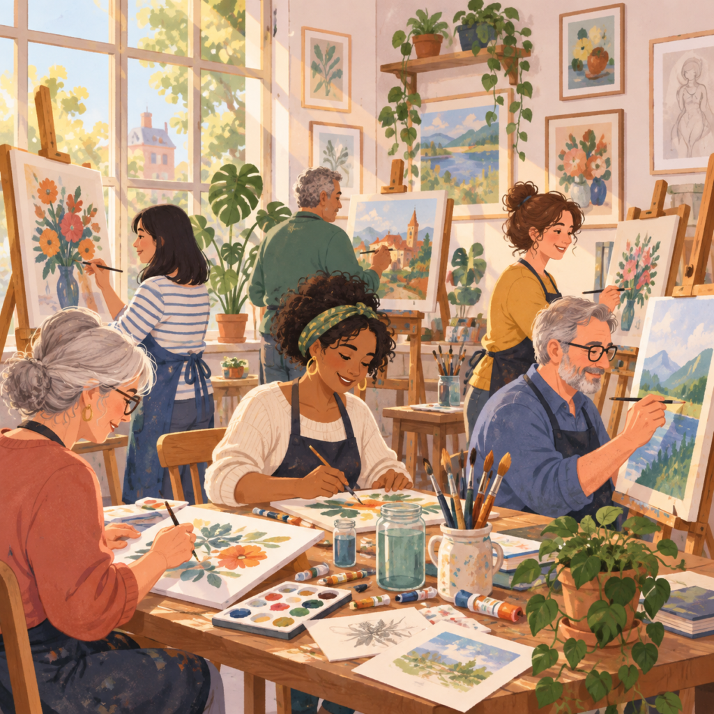 Adultes participant à un atelier de peinture dans un studio artistique lumineux