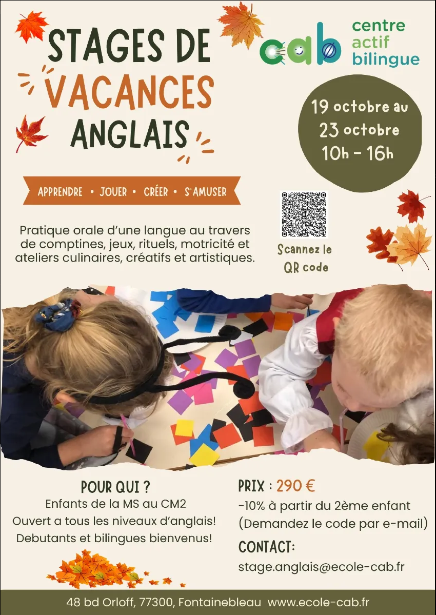 Affiche du stage d’anglais pour enfants du 19 au 23 octobre 2026 au Centre Actif Bilingue à Fontainebleau